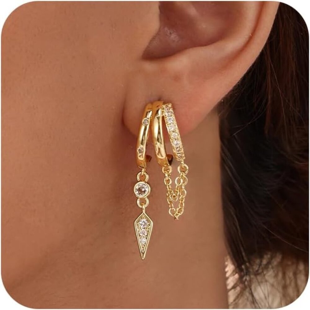 Dangle Earrings for Women,14k Gold Plated Triple Huggie Stud Earrings Dainty Dro